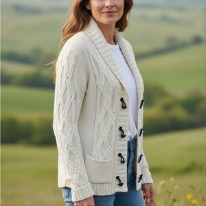 🛍Jessica Sport White Cable Knit Sweater toggle buttons winter medium